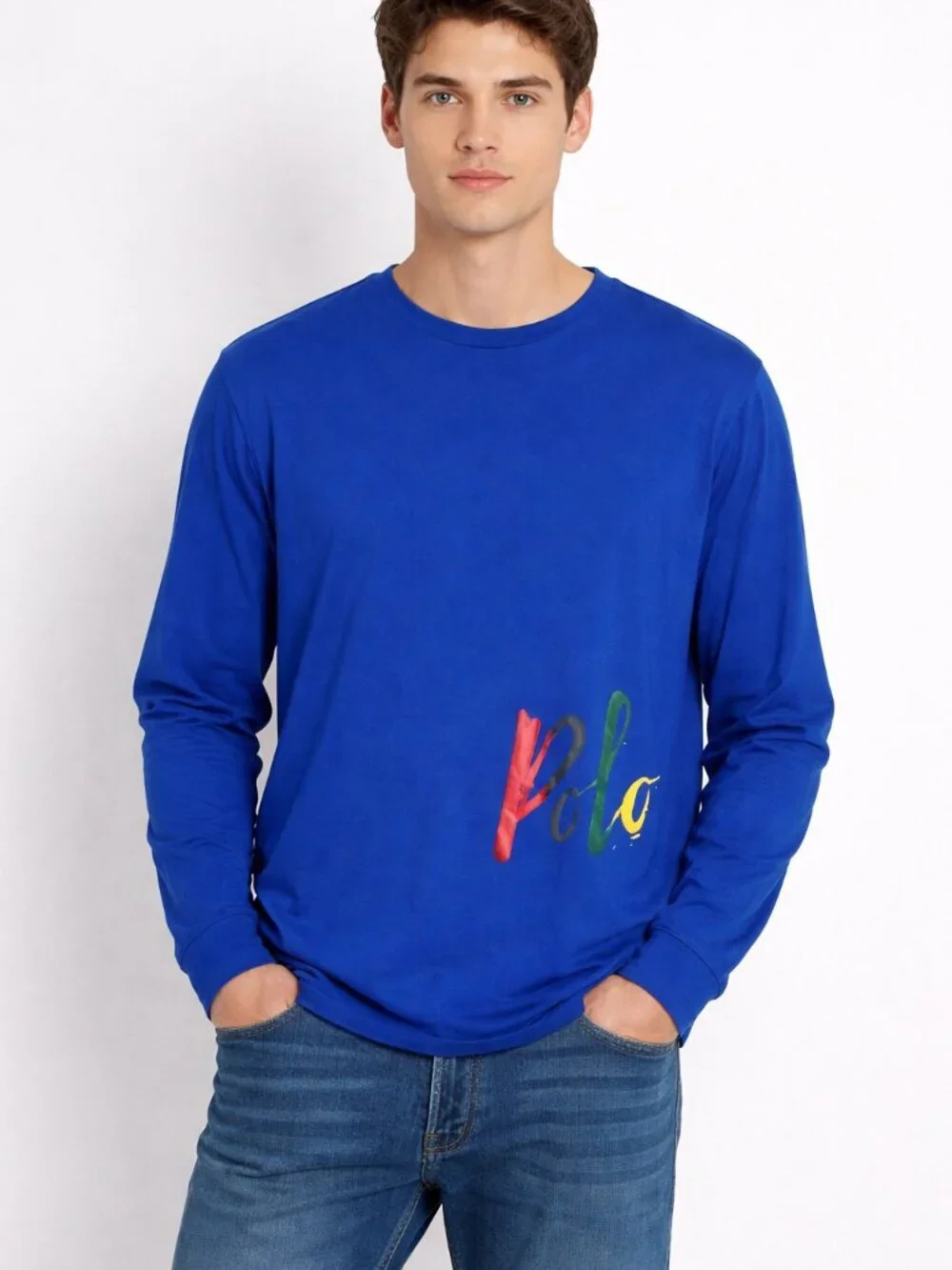POLO RALPH LAUREN Royal Blue Brushstroke Script Logo Long Sleeve Tee Mens Large